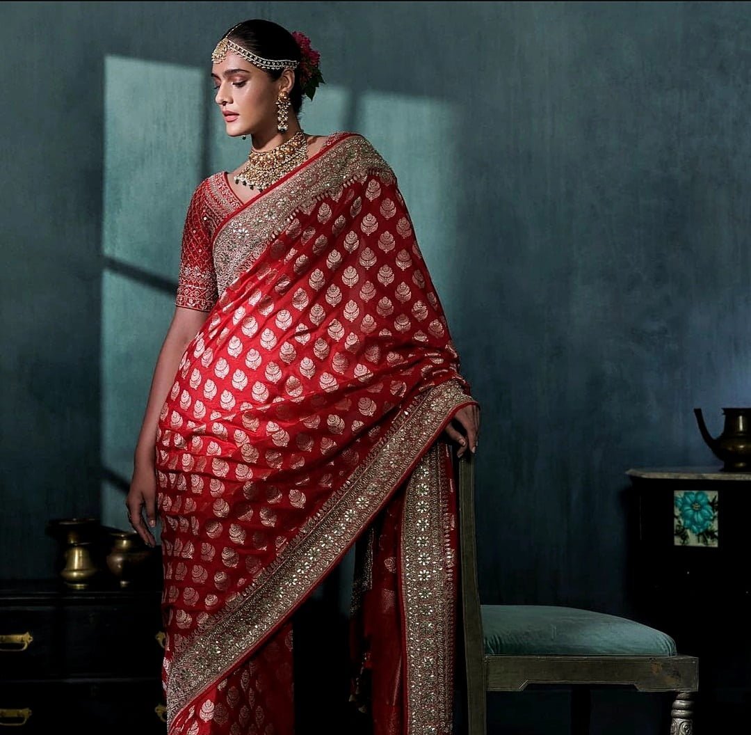 anita dongre designer red silk saree for wedding