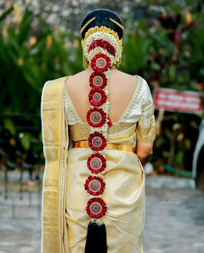 poola jada hairstyle for tamil nadu bride with saree