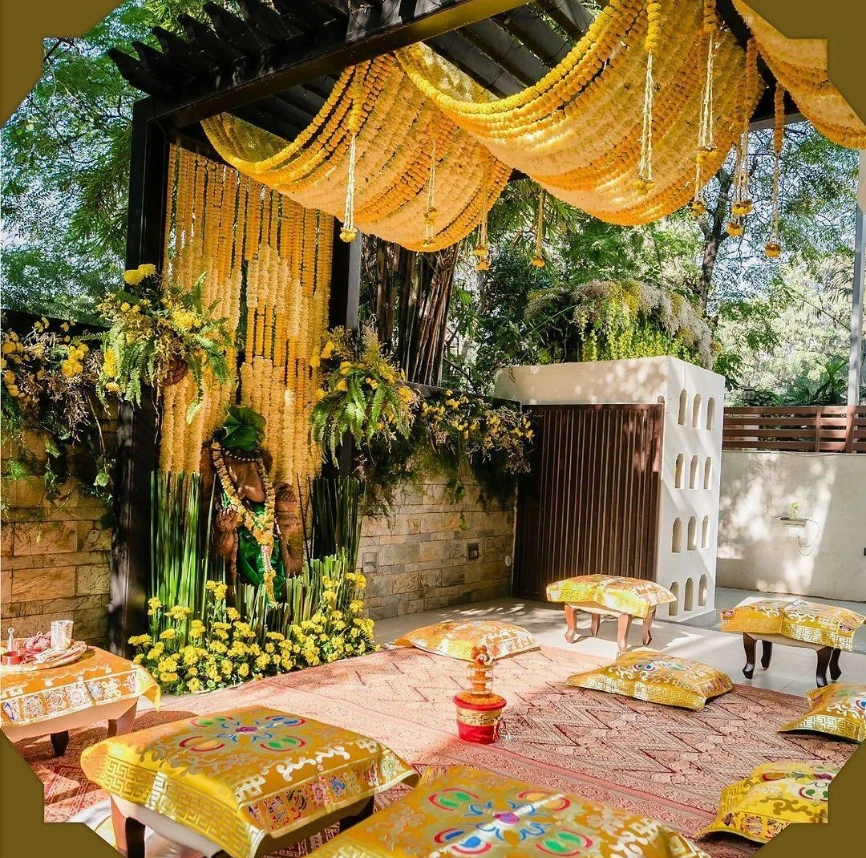 haldi decoration on terrace for bride and groom 