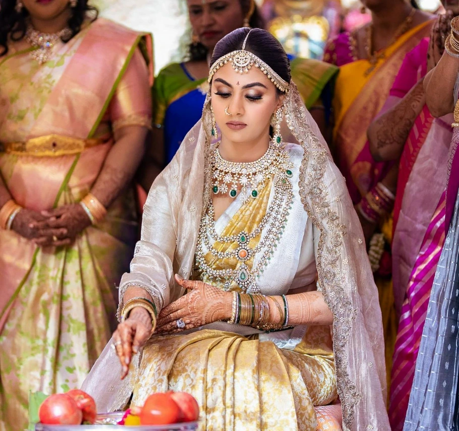 south indian white and golden kanjeevaram bridal saree
