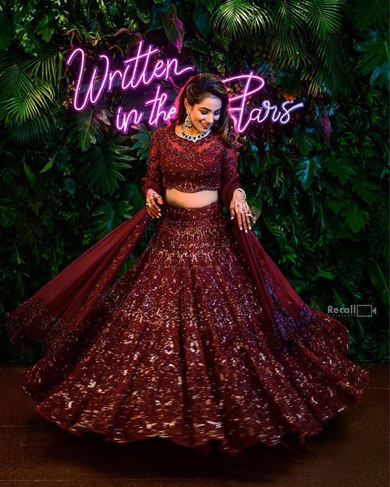 wine red sangeet lehenga dress for bride