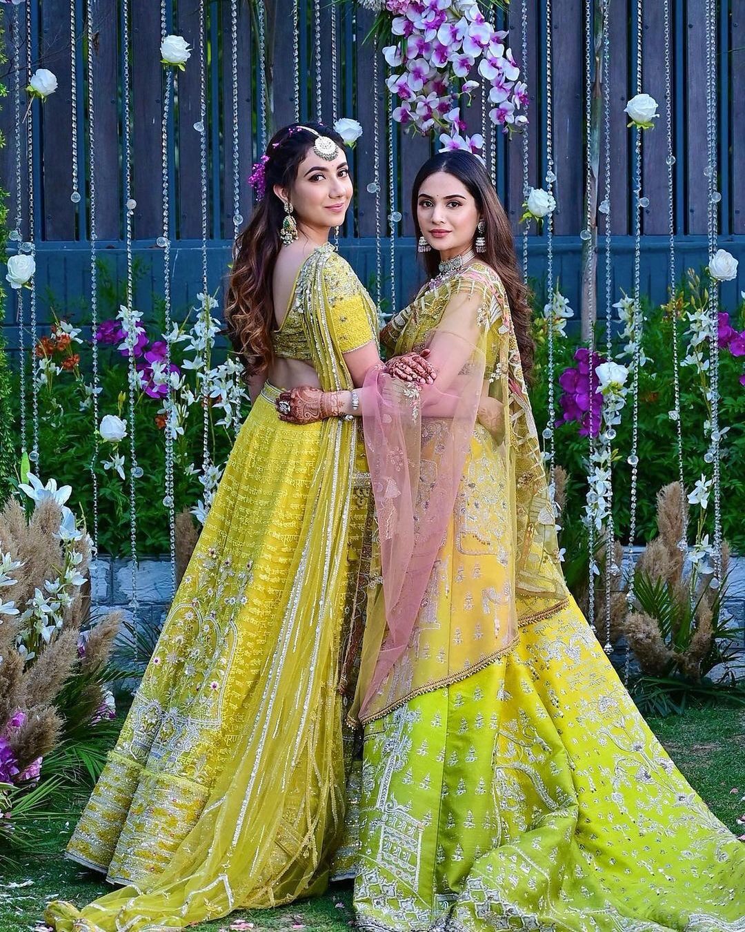 lime yellow haldi outfits for bridesmaids 