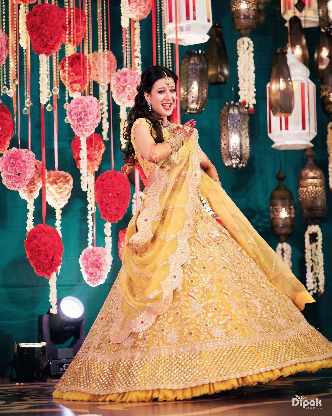 modern and trendy yellow embellished reception lehenga