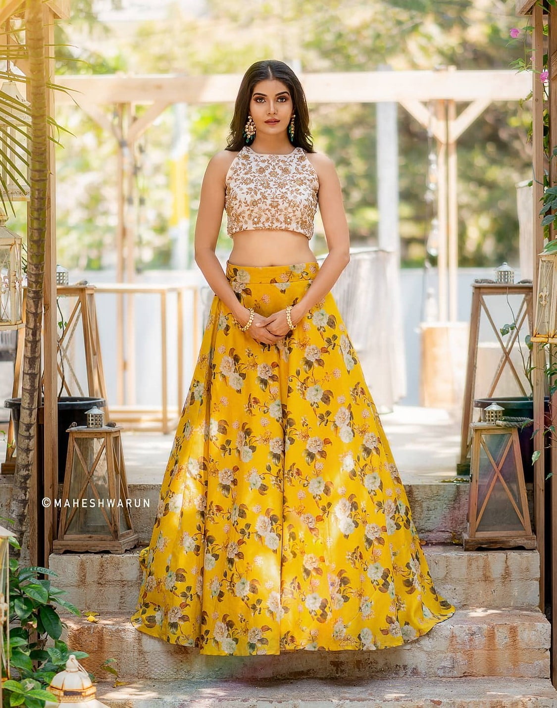 stylish white and yellow floral skirt top for haldi
