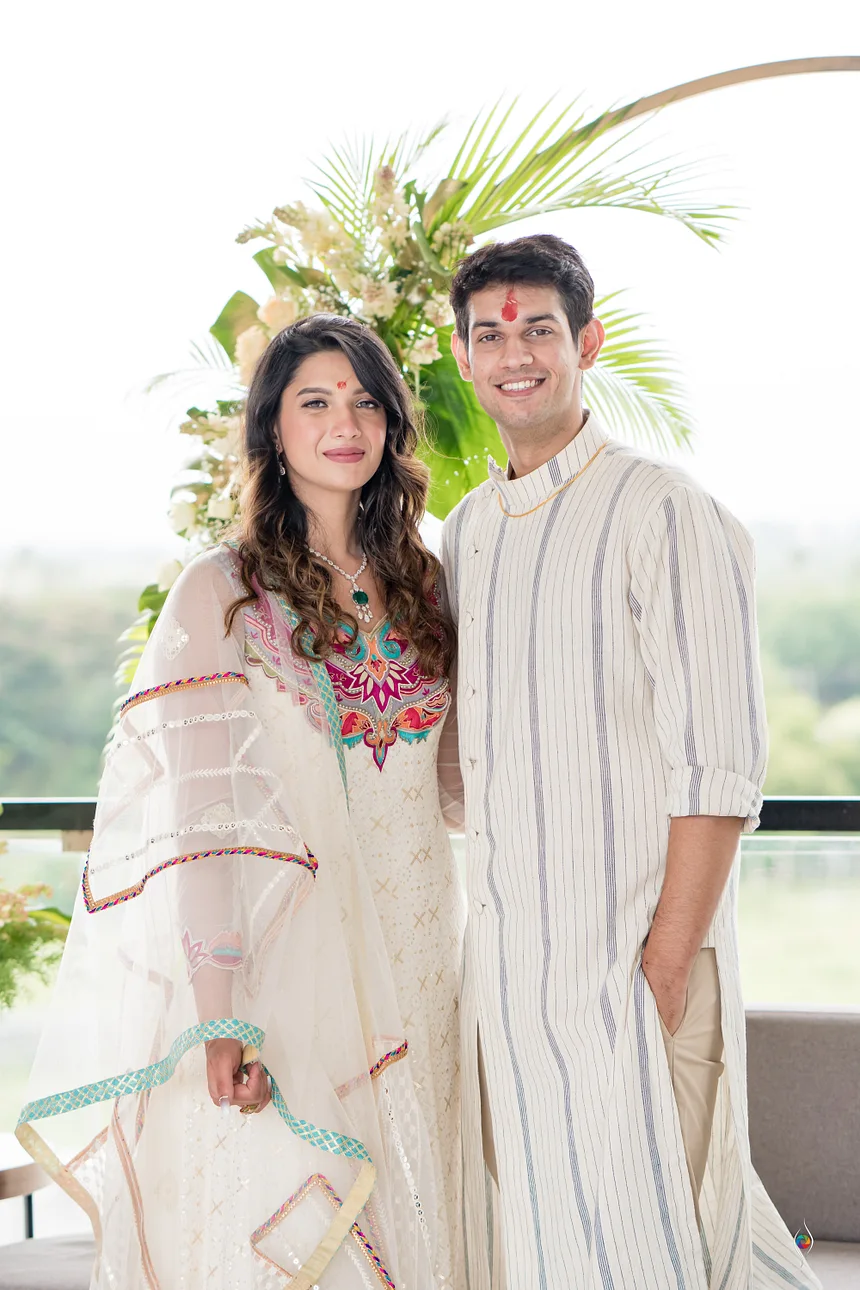 Kashish and Aseem on their roka ceremony in Km by Kavita and Anita Dongre pre-wedding outfits