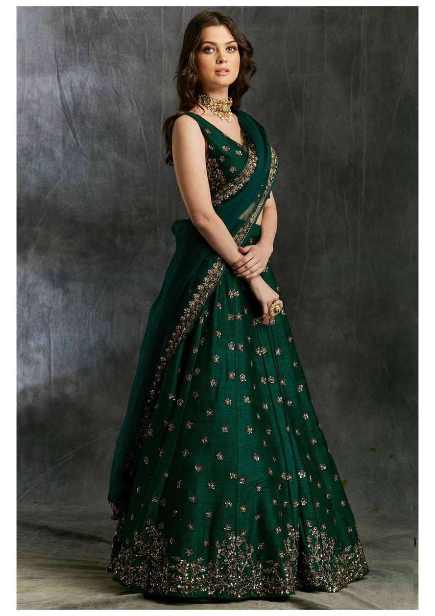 green silk engagement lehenga look