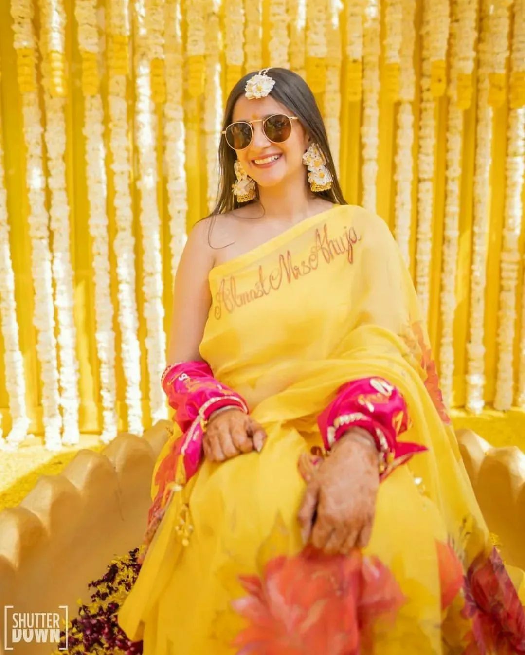 yellow haldi saree with custom touch