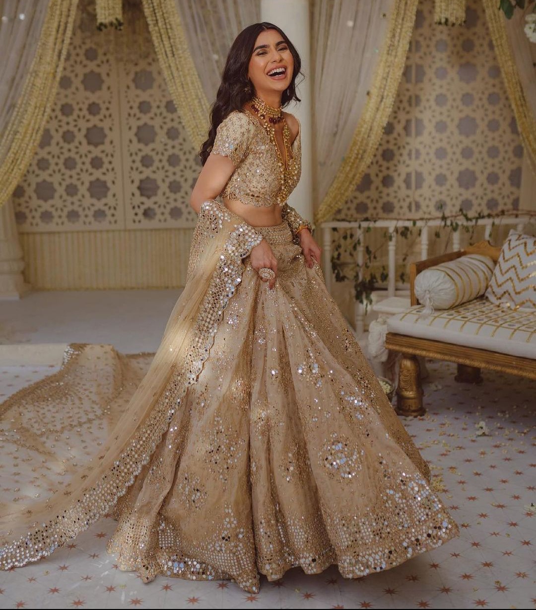 abhinav mishra designer beige mirror work lehenga for engagement bride