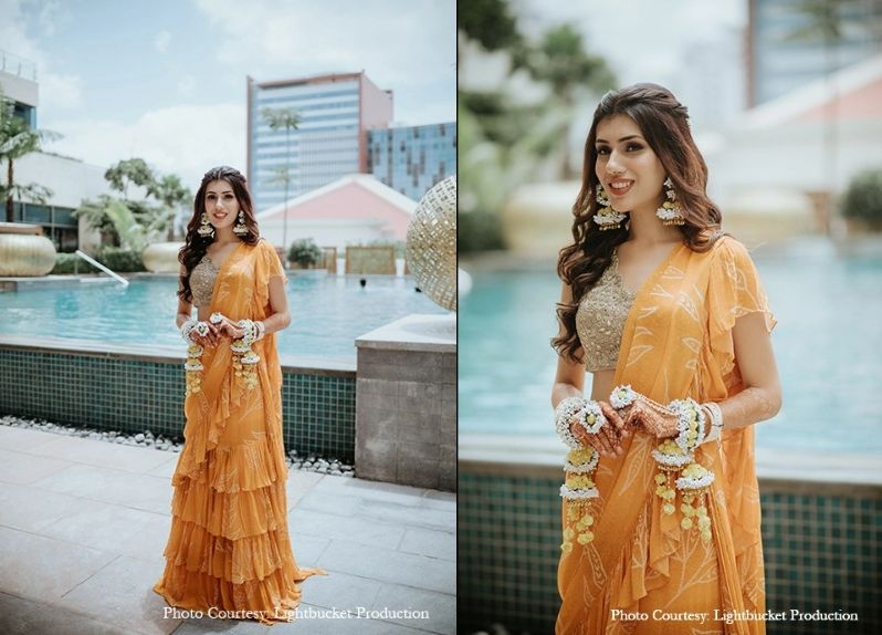 haldi bride in designer saree with ruffles