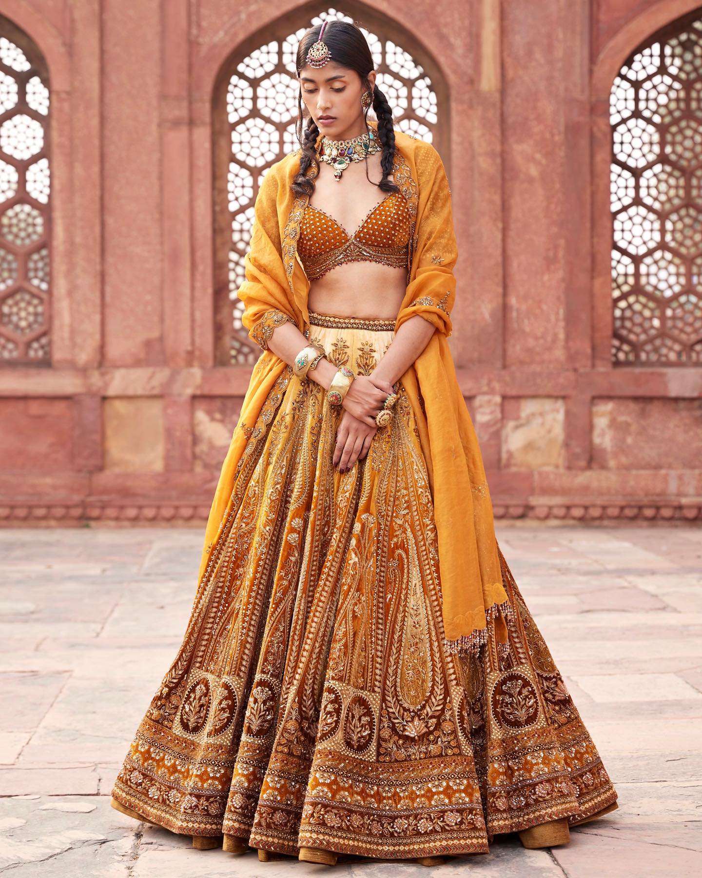 payal keyal mustard yellow velvet and zari lehenga