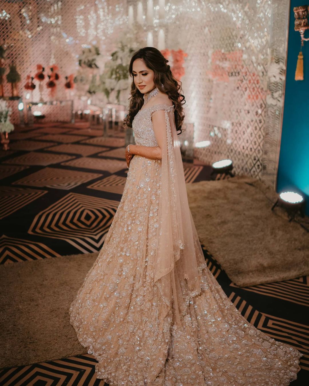 peach sequin engagement lehenga with cape dupatta