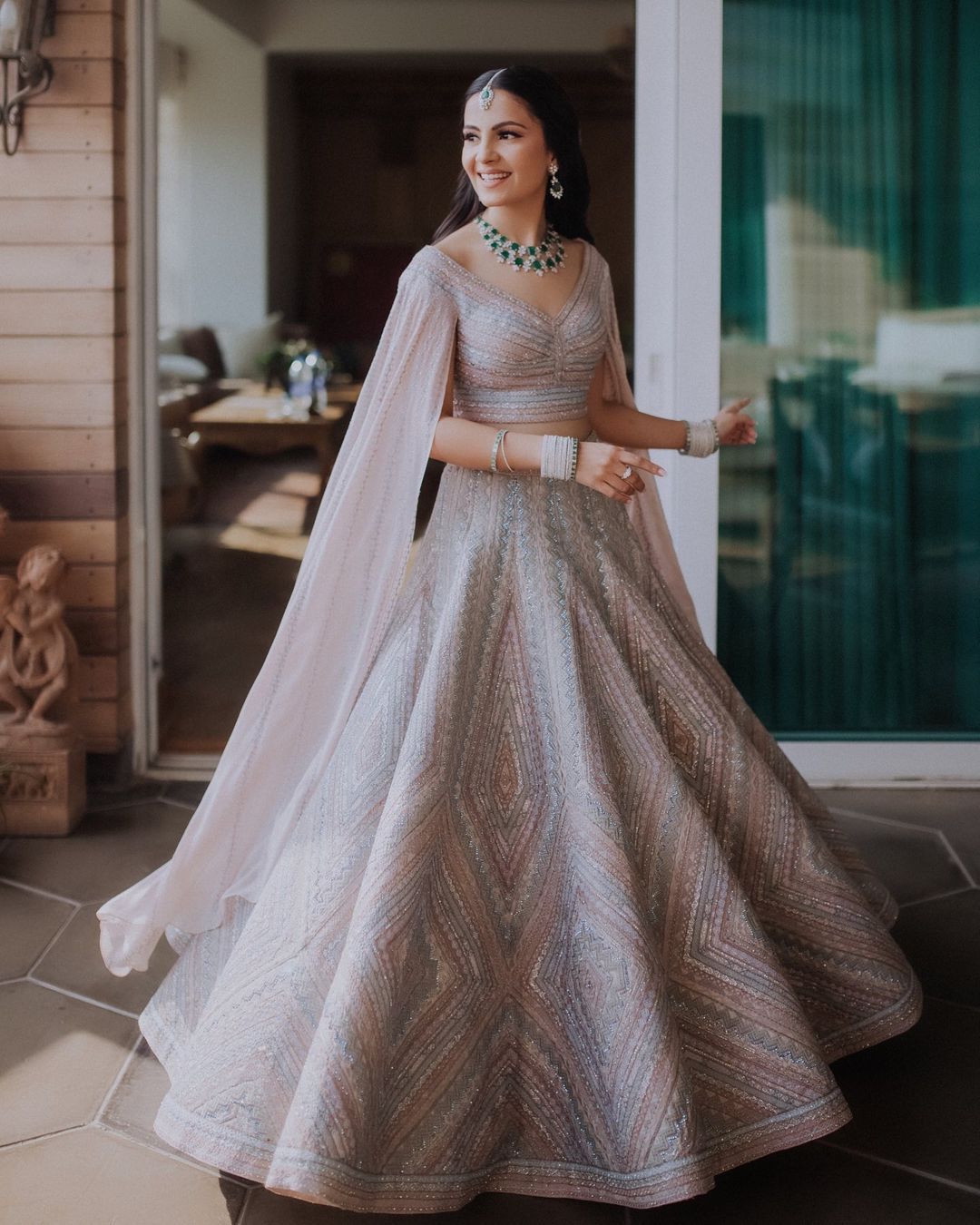 pastel engagement lehenga for bride with cape dupatta