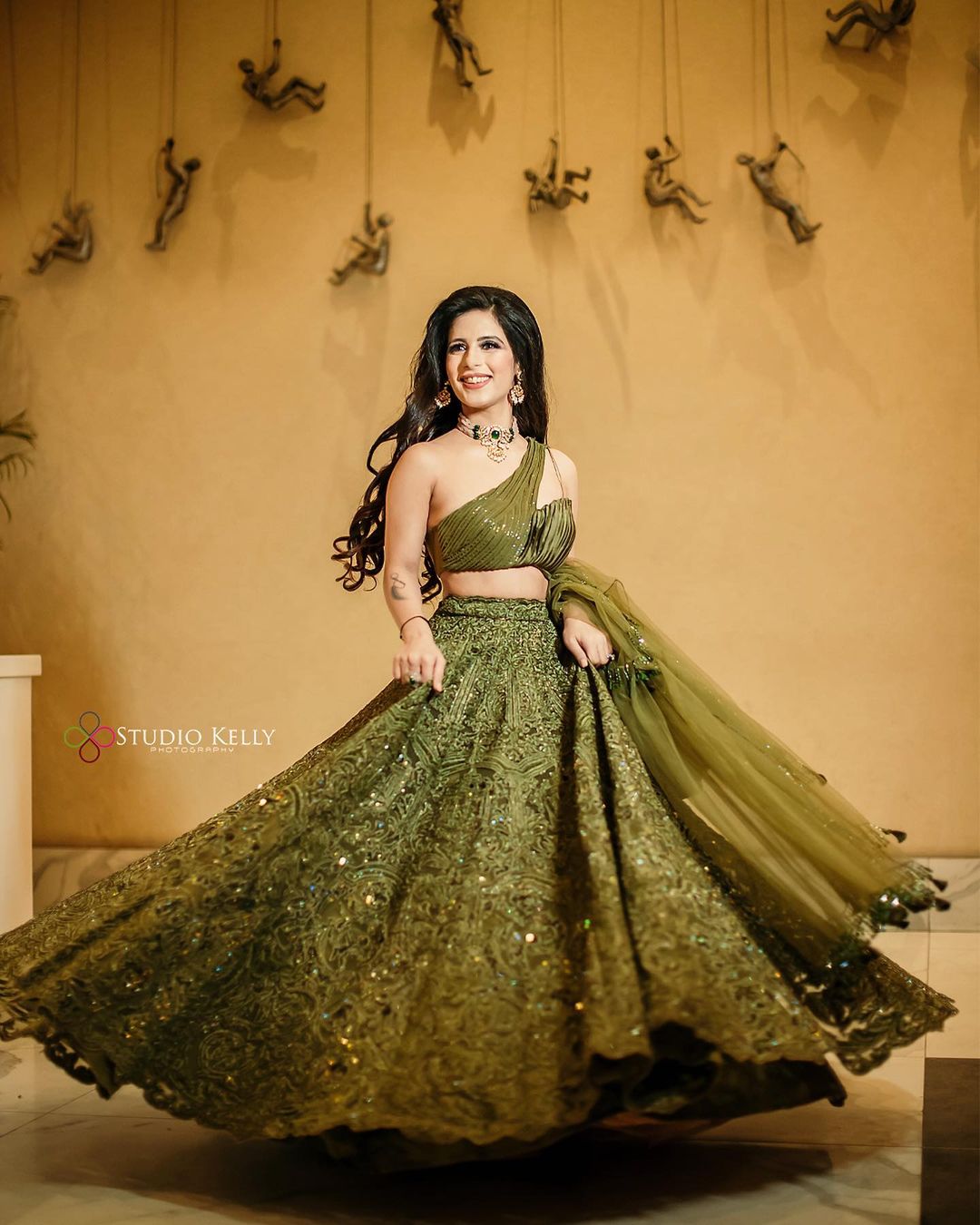 indo western ring ceremony lehenga in green