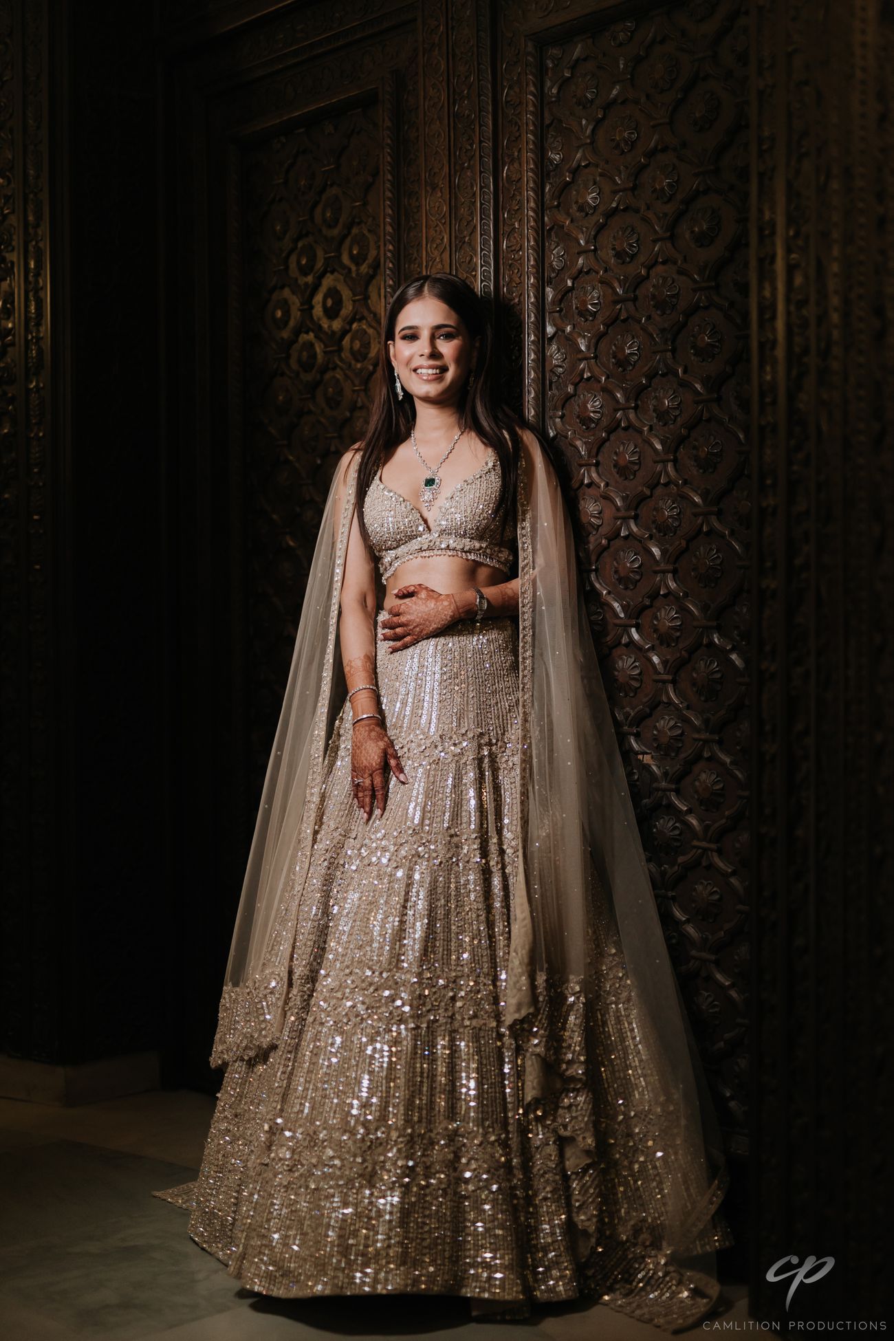 sequin beige and silver lehenga for engagement bride