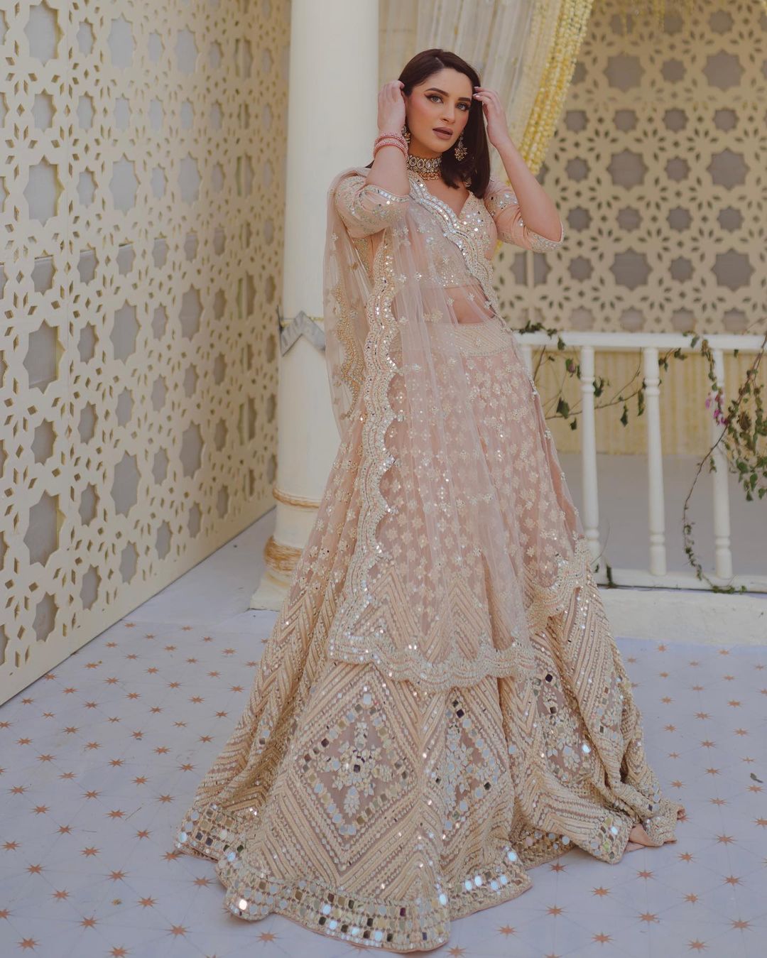 designer beige bridal engagement lehenga in mirror work