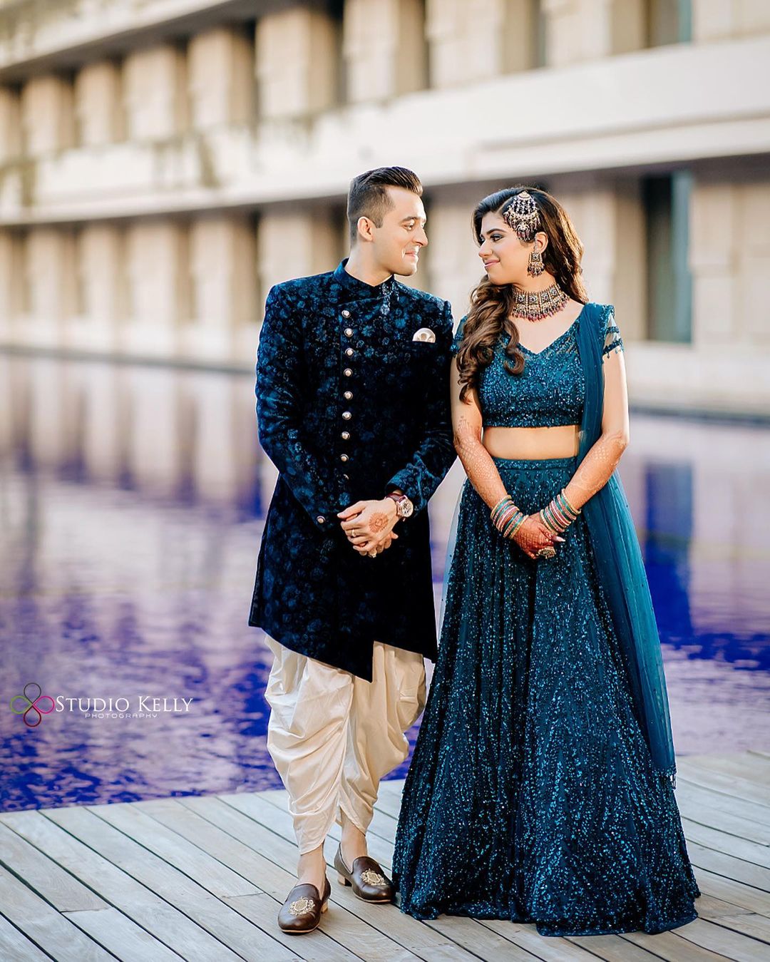 monotone blue sequin lehenga for ring ceremony