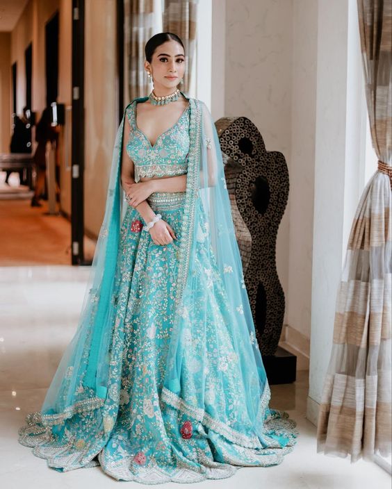 sky blue engagement lehenga with white embroidery 