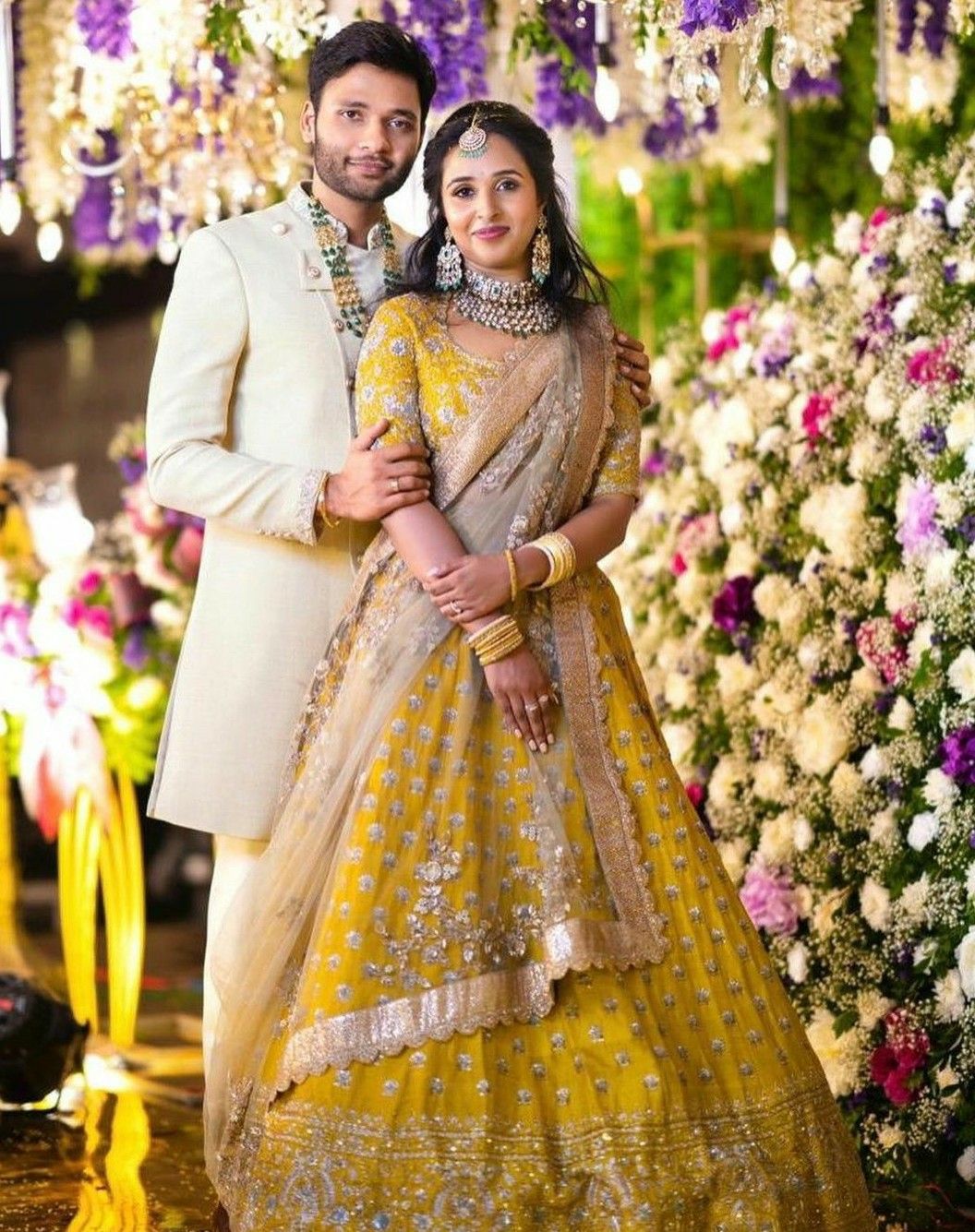 yellow and light grey lehenga saree for engagement