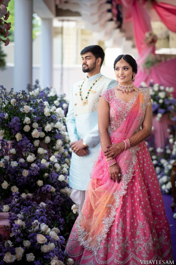 pink and silver silk engagement lehenga