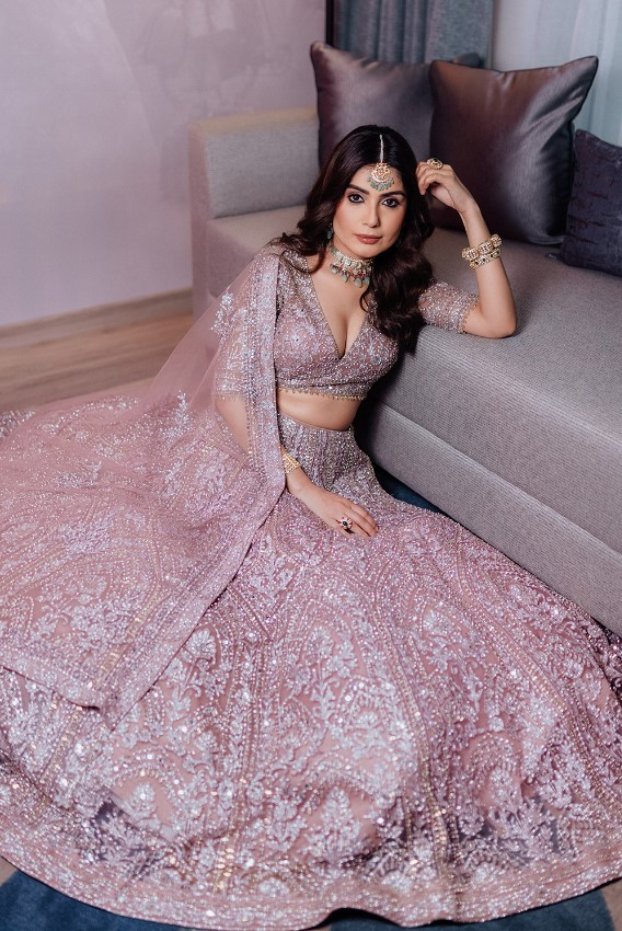 dusty pink ring ceremony lehenga with silver sequins