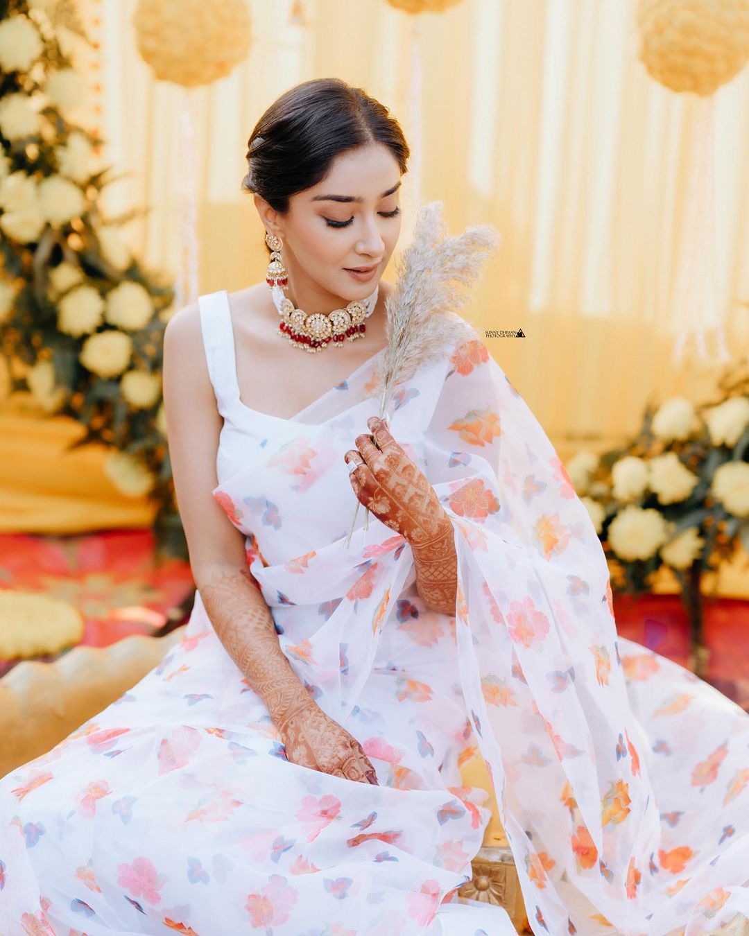 white floral organza saree 