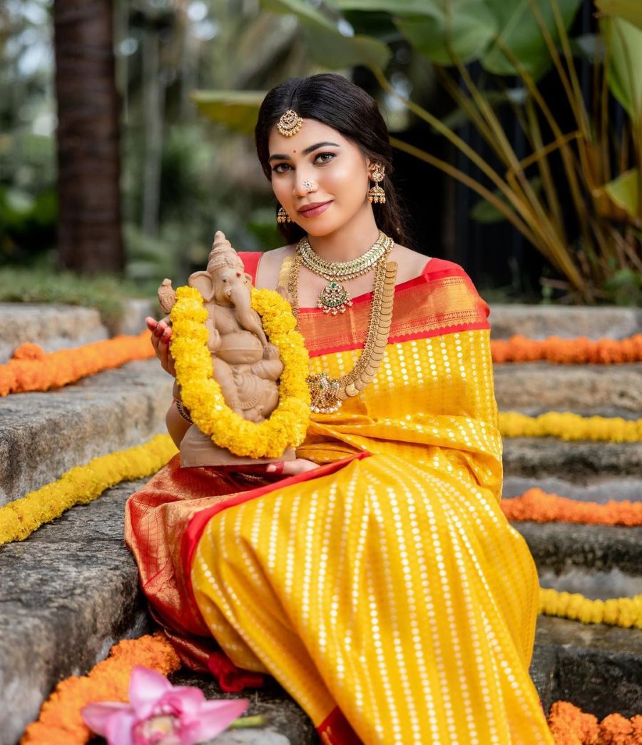 yellow saree with contrast red blouse for haldi