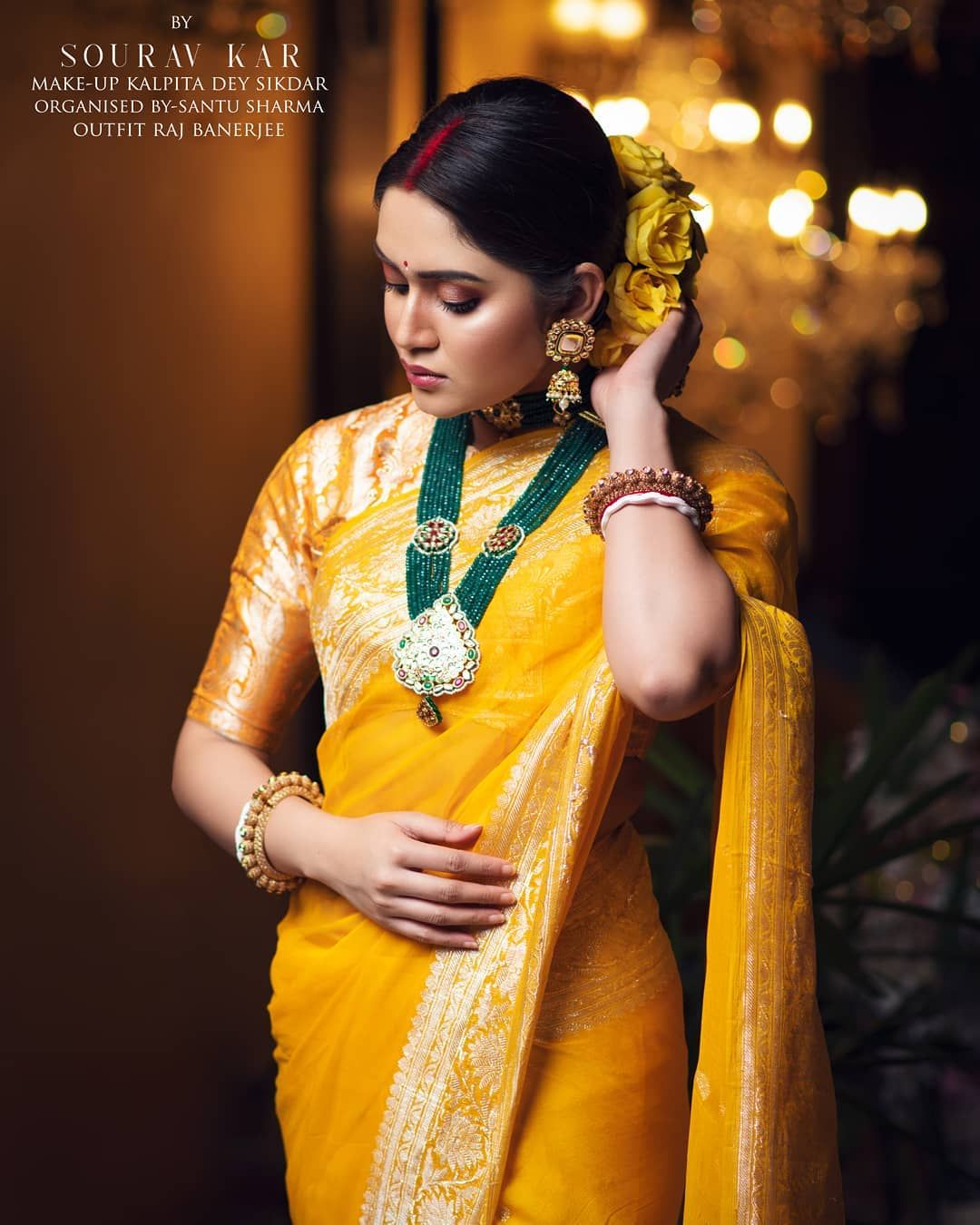yellow silk saree with silver zari work