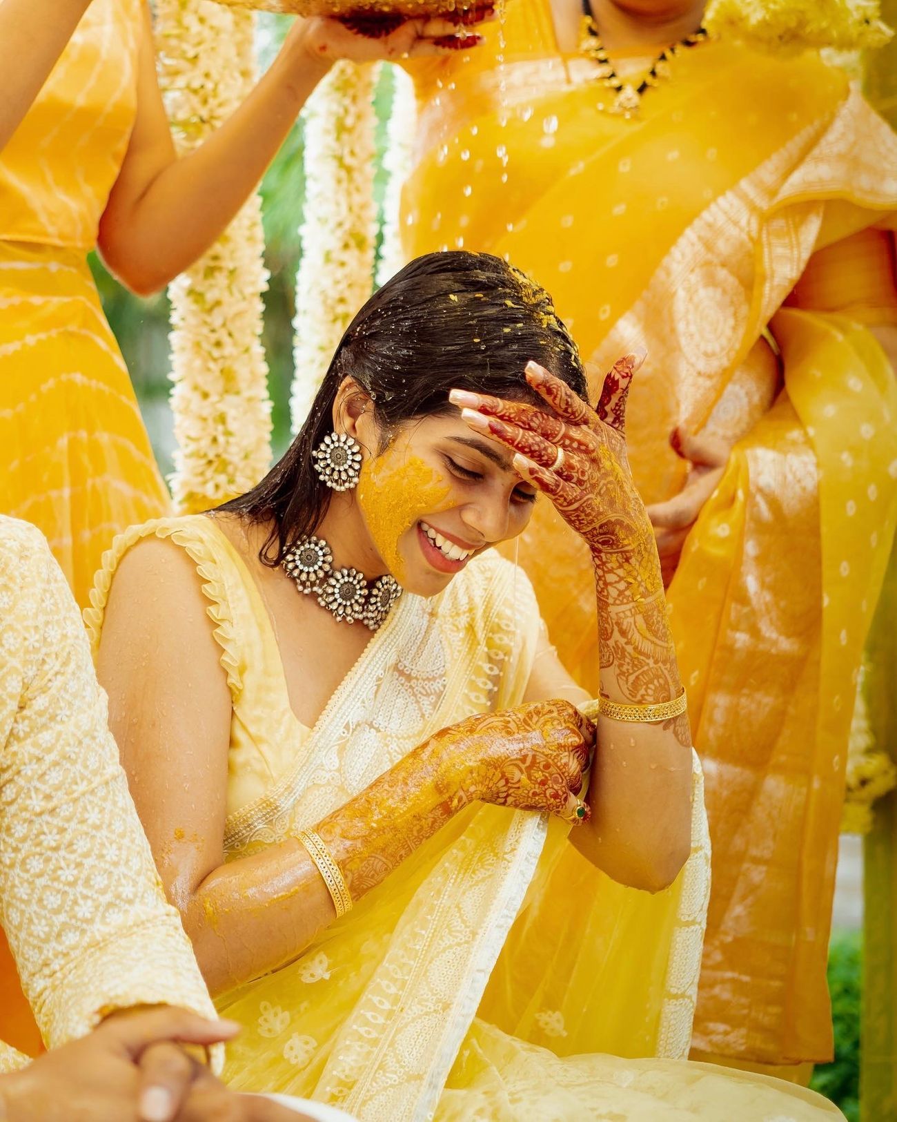 yellow and white haldi saree for bride
