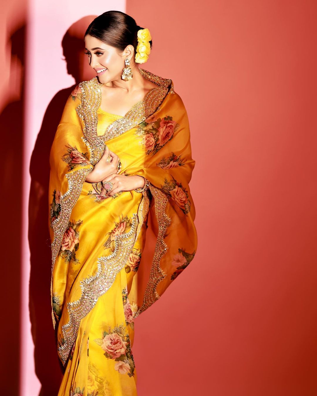 bridal look in yellow floral silk saree