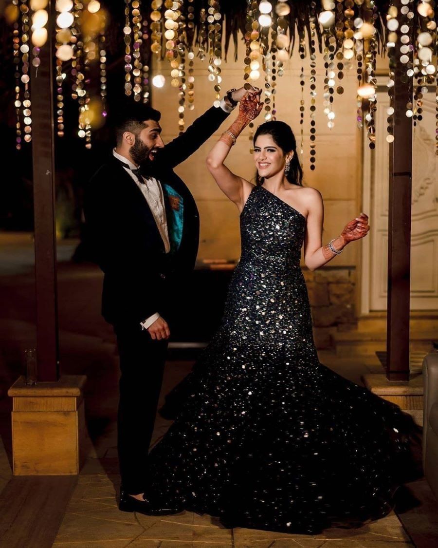 modern black reception gown for bride