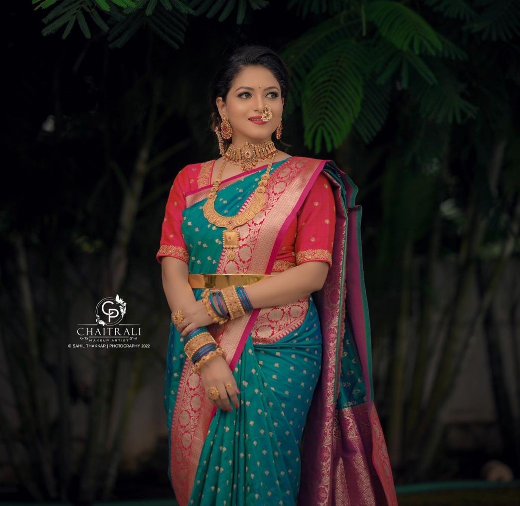 unique maharashtrian look in blue and pink colour combination saree