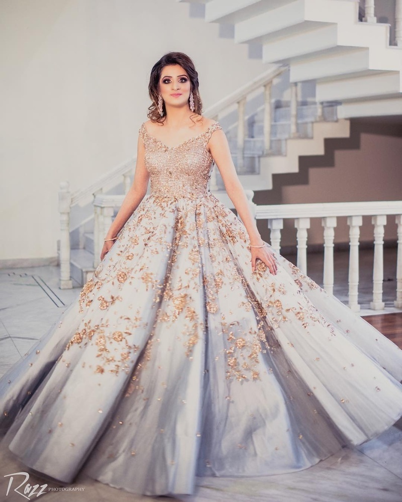 Buy Light Grey Stone Embroidered Net Reception Gowns Online | Samyakk