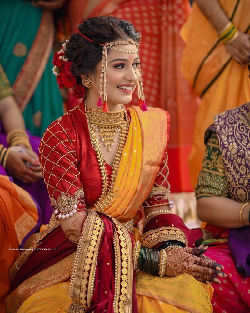 maharashtrian bride in simple readymade yellow wedding nauvari saree and red shela