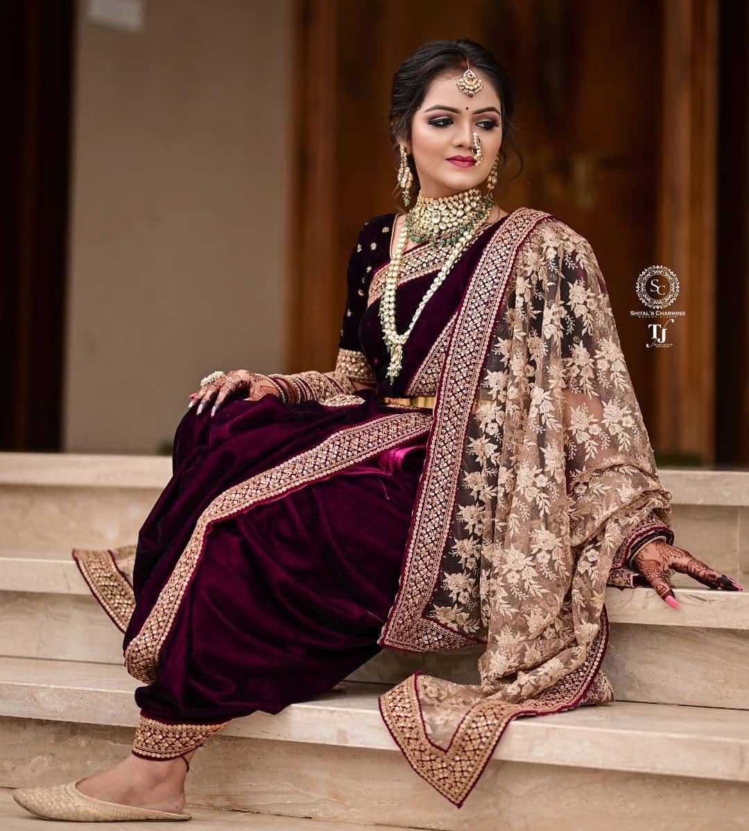 beautiful maroon velvet maharashtrian wedding saree with unique shela