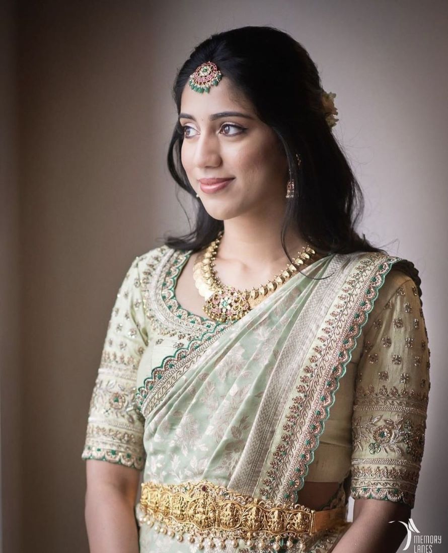 fancy and stylish pastel green blouse for south indian bride