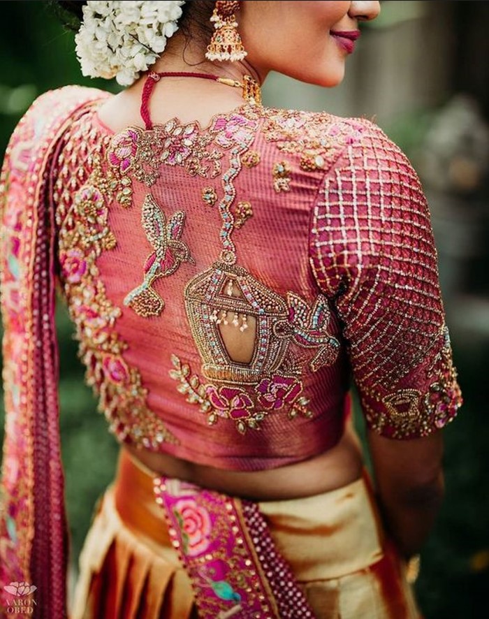 fancy and modern maggam work pink bridal blouse back side design