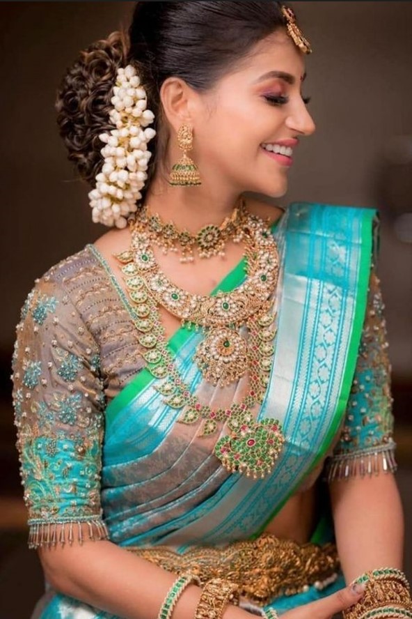 fashionable and new blue south indian blouse model for wedding