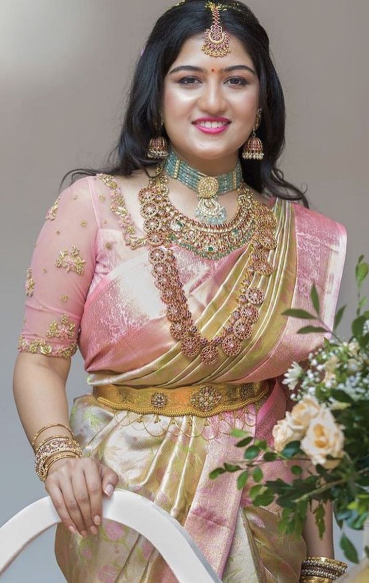 pastel pink south indian blouse with sheer sleeves for reception
