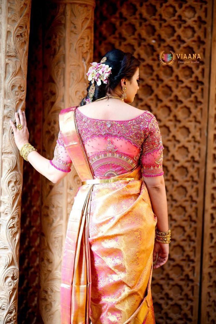 pink south indian wedding blouse back design with beads and boat neck