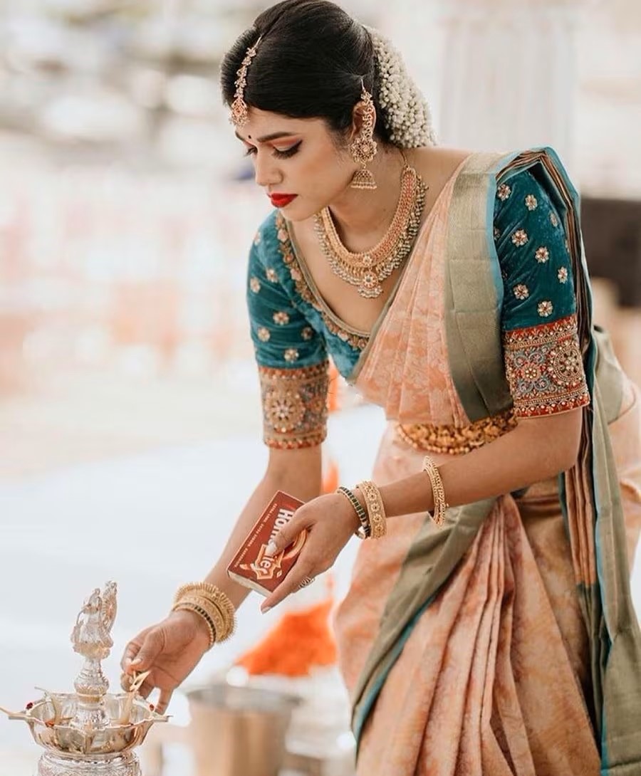 simple green velvet bridal blouse for pattu silk saree