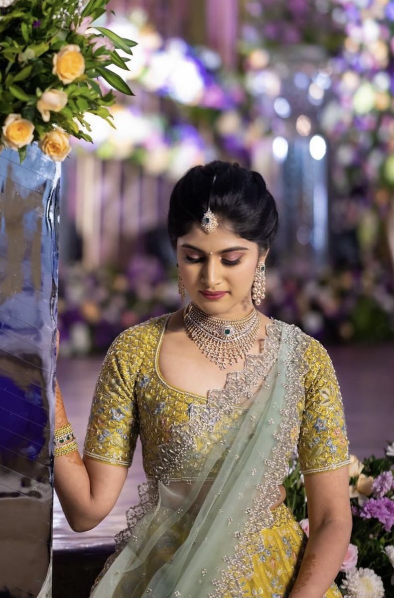 unique yellow south indian blouse with scoop neck for engagement