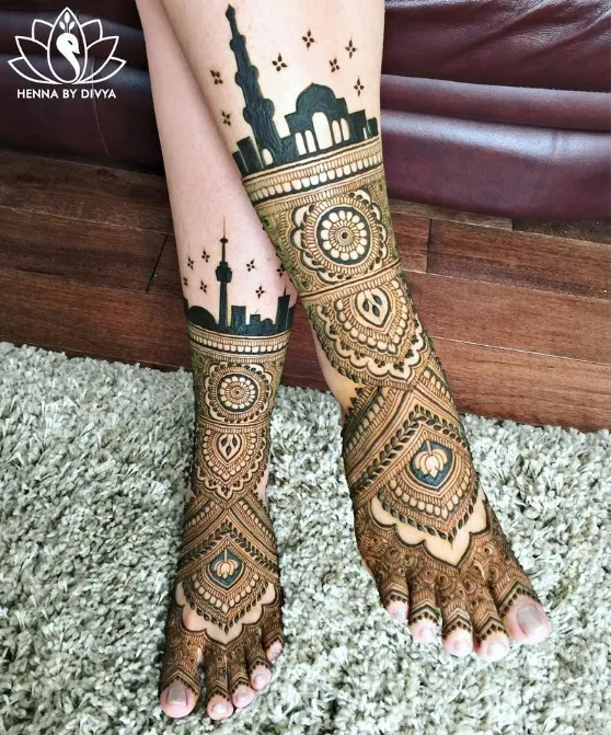 beautiful geometric full foot mehandi design arabic for bride