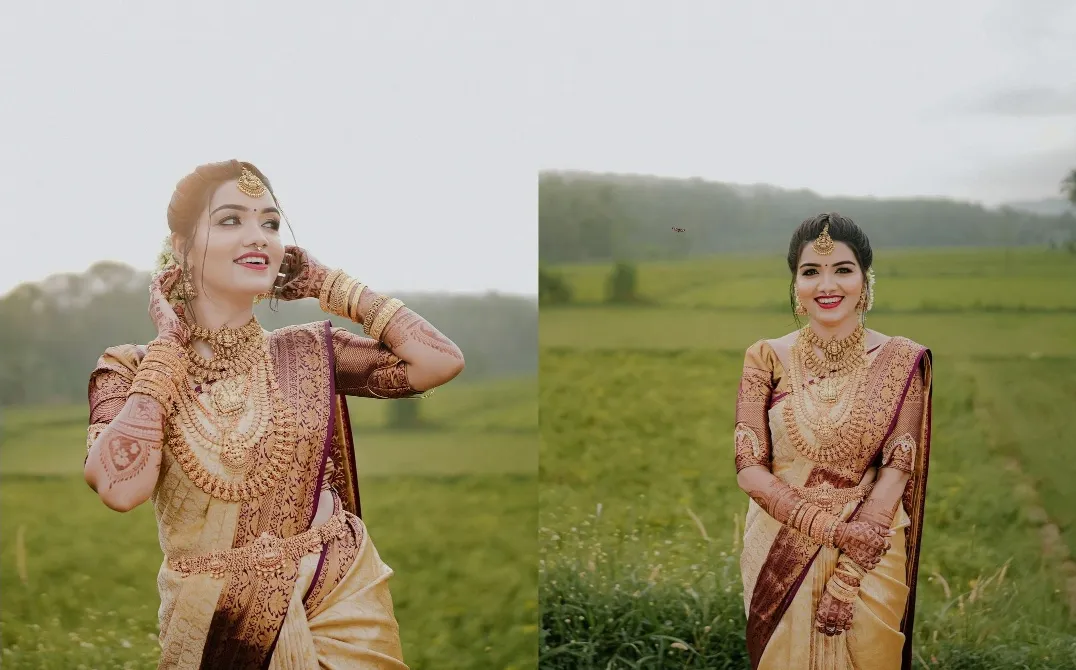 traditional kerala bridal looks in golden silk saree