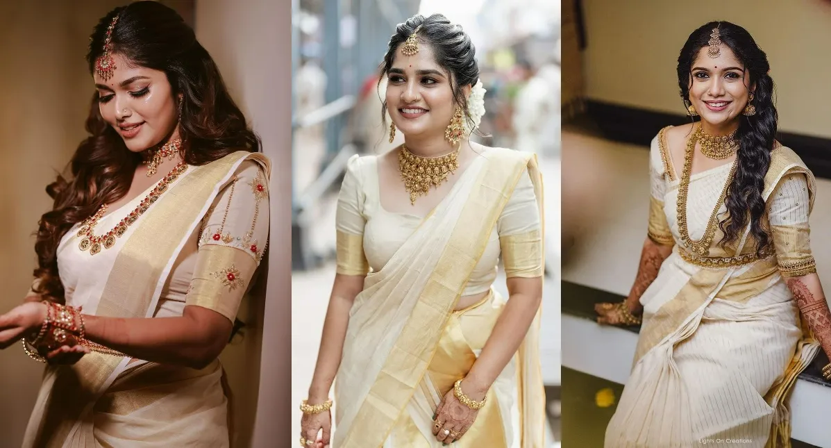 simple kerala bridal look in white and golden saree
