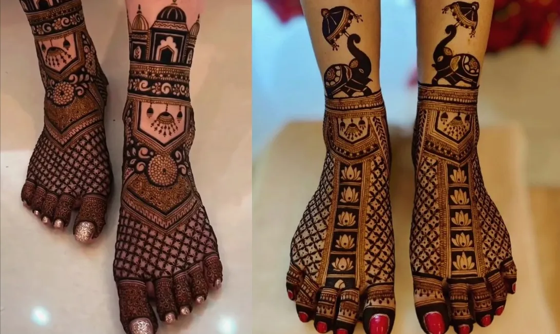 stylish modern foot mehndi design mesh style with lotus flower