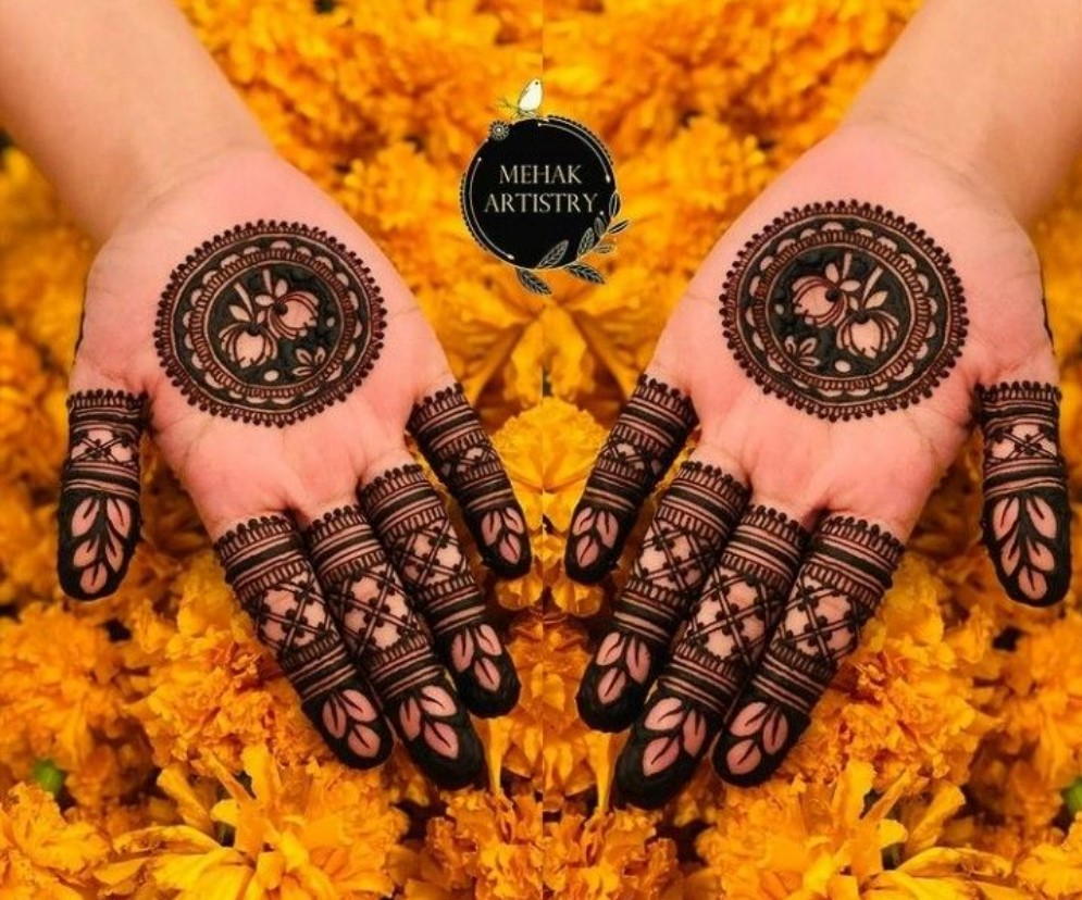 heavy mandala mehndi with lotus flowers and leaves