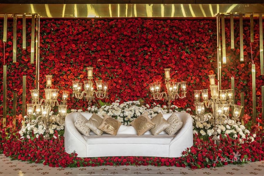 grand royal red and golden wedding stage decorations