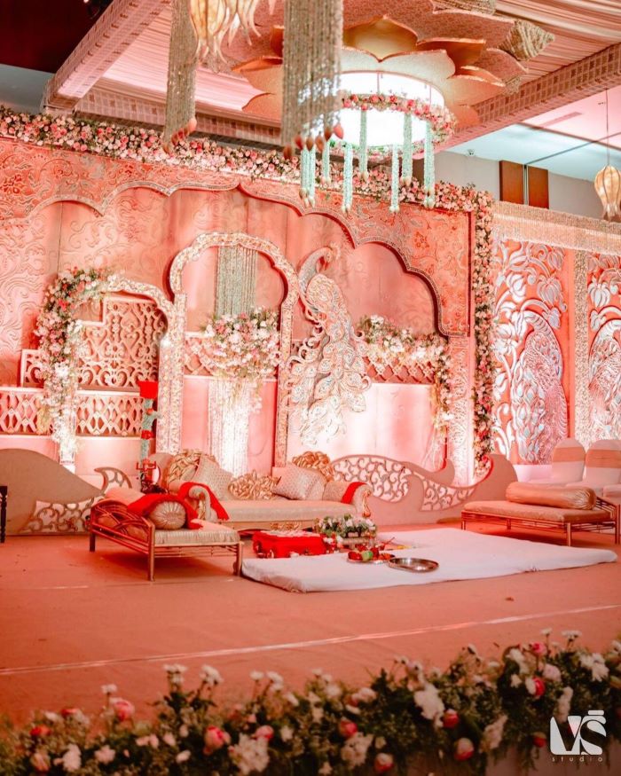 beautiful royal peach wedding reception stage decoration ideas